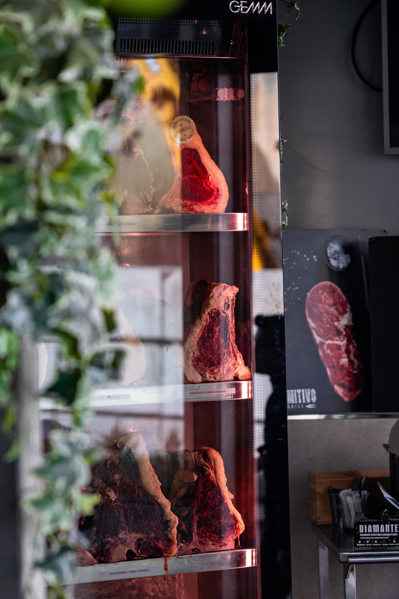 Primitivo Grill dry aging cabinet with premium cuts